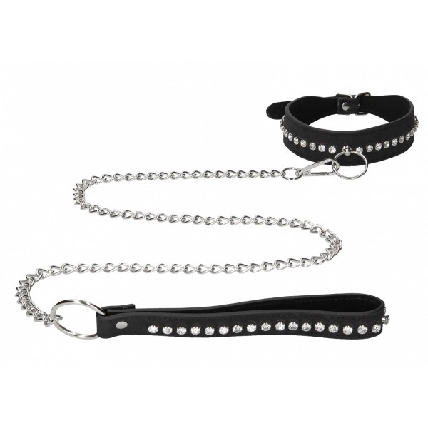 Черный ошейник с поводком Diamond Studded Collar With Leash