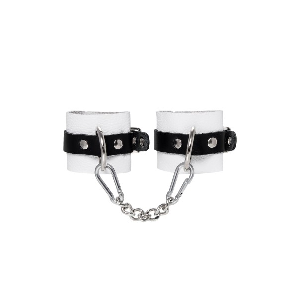 Бело-черные кожаные наручники с одним ремешком с люверсами