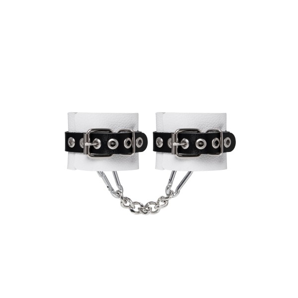 Бело-черные кожаные наручники с одним ремешком с люверсами