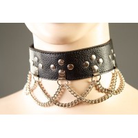 Узкий кожаный ошейник с цепями и клепками Узкий кожаный ошейник с цепями и клепками