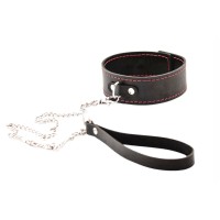 Черный широкий ошейник с красной строчкой и поводком Черный широкий ошейник с красной строчкой и поводком