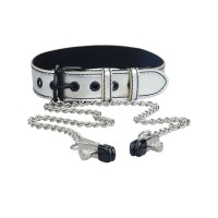 Серебристый ошейник с зажимами для сосков на цепочках Серебристый ошейник с зажимами для сосков на цепочках