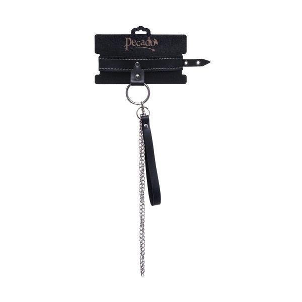 Черный узкий однослойный ошейник с серебристым поводком-цепочкой