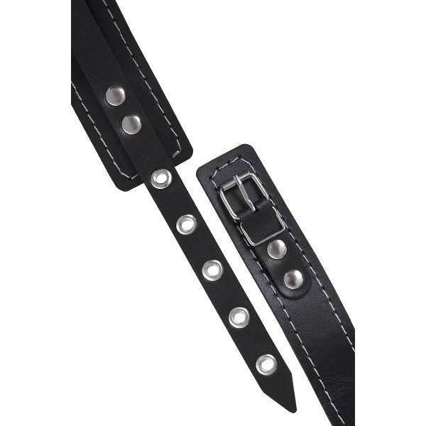 Черный узкий однослойный ошейник с серебристым поводком-цепочкой