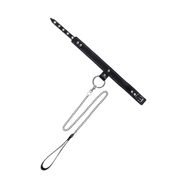 Черный узкий однослойный ошейник с серебристым поводком-цепочкой