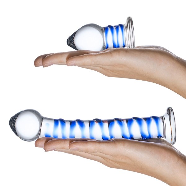 Набор из 2 стеклянных игрушек с синей спиралью Swirly Dildo Buttplug Set