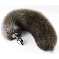 Серебристая анальная пробка с пушистым хвостом цвета хаки Серебристая анальная пробка с пушистым хвостом цвета хаки