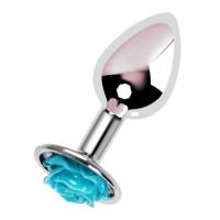 Серебристая анальная пробка с голубой розочкой - 8 см. Серебристая анальная пробка с голубой розочкой - 8 см.