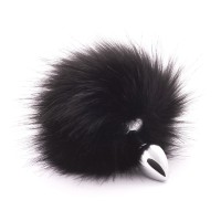 Серебристая анальная пробка с черным хвостиком из искусственного меха