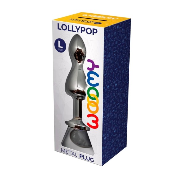 Серебристая анальная втулка Wooomy Lollypop L с прозрачным кристаллом - 10,5 см.