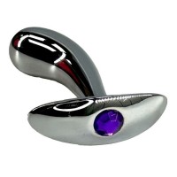 Серебристая загнутая анальная пробка для ношения c фиолетовым кристаллом - 8 см.