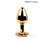 Золотистая анальная пробка с малиновым кристаллом - 9 см.