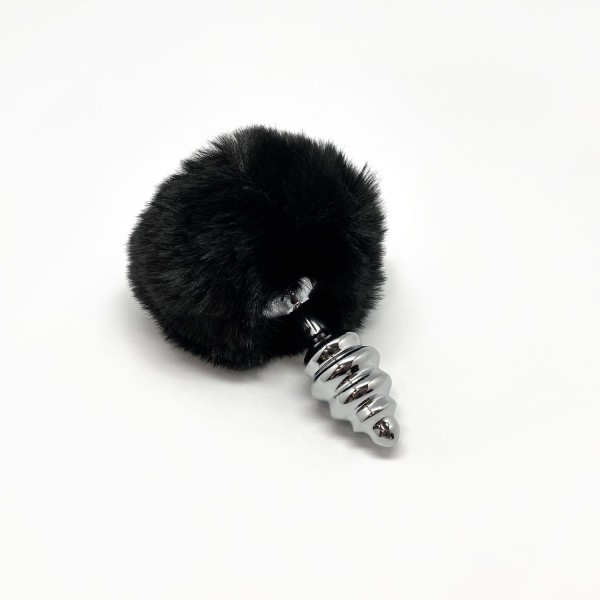 Серебристая анальная пробка с черным хвостиком Metal Anal Fluffly Twist Plug S