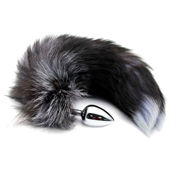 Серебристая анальная пробка с темным лисьим хвостом Black White Fox Tail Size M