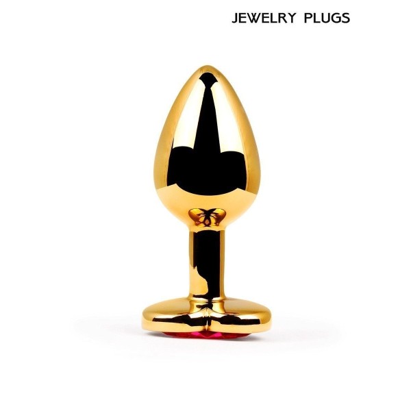 Золотистая анальная пробка с красным кристаллом - 9 см.
