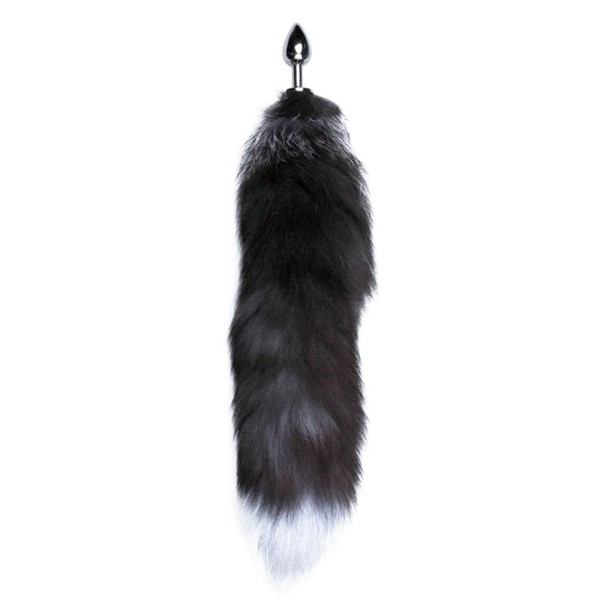 Серебристая анальная пробка с темным лисьим хвостом Black White Fox Tail Size S