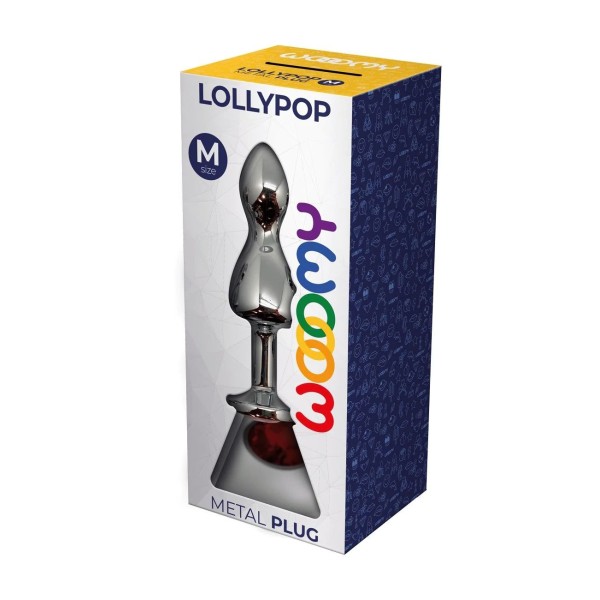 Серебристая анальная втулка Wooomy Lollypop M с красным кристаллом - 9,4 см.